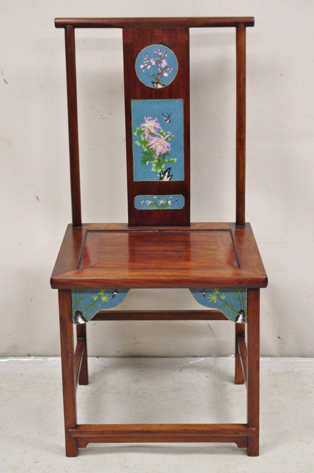 Vintage Chinese Hardwood Blue Cloisonné Enamel High Back Oriental Side Chair. Circa Mid to Late 20th Century. Measurements: 42.5