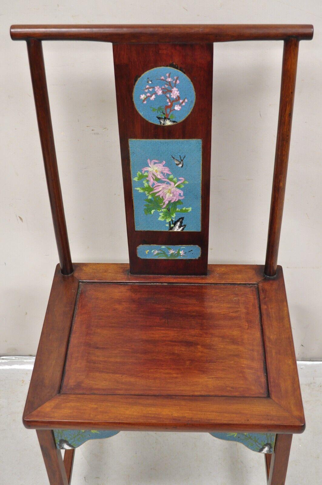Chinoiserie Vintage Chinese Hardwood Blue Cloisonné Enamel High Back Oriental Side Chair