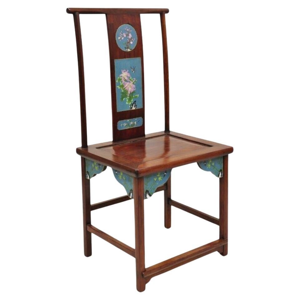 Vintage Chinese Hardwood Blue Cloisonné Enamel High Back Oriental Side Chair
