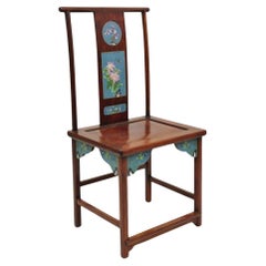 Chaise d'appoint orientale vintage en bois dur chinois émaillé bleu cloisonné à haut dossier