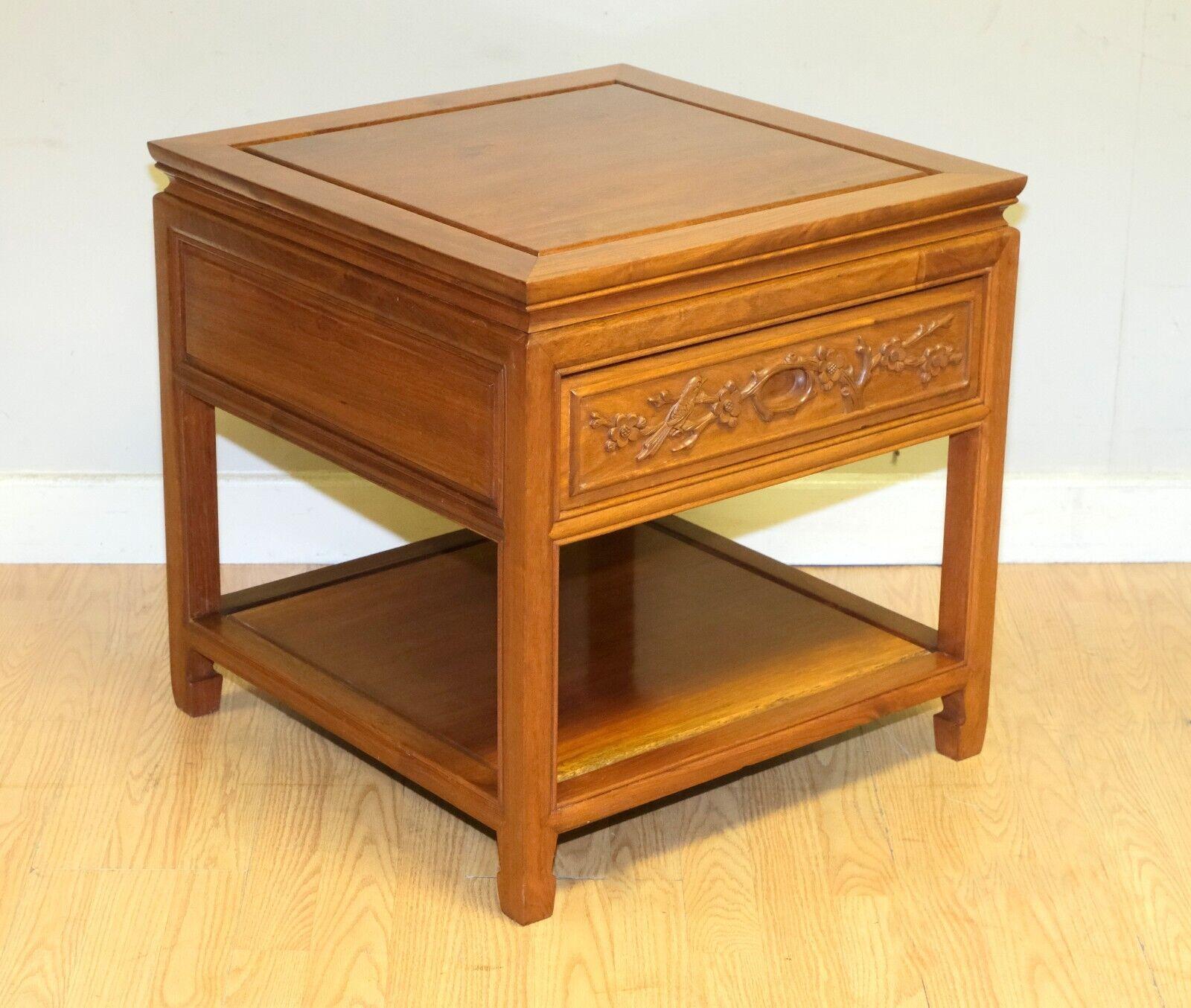 Chinese Export VINTAGE CHINESE HARDWOOD SiDE TABLE WITH DECORATIVE SINGLE DRAWER & SHELF For Sale