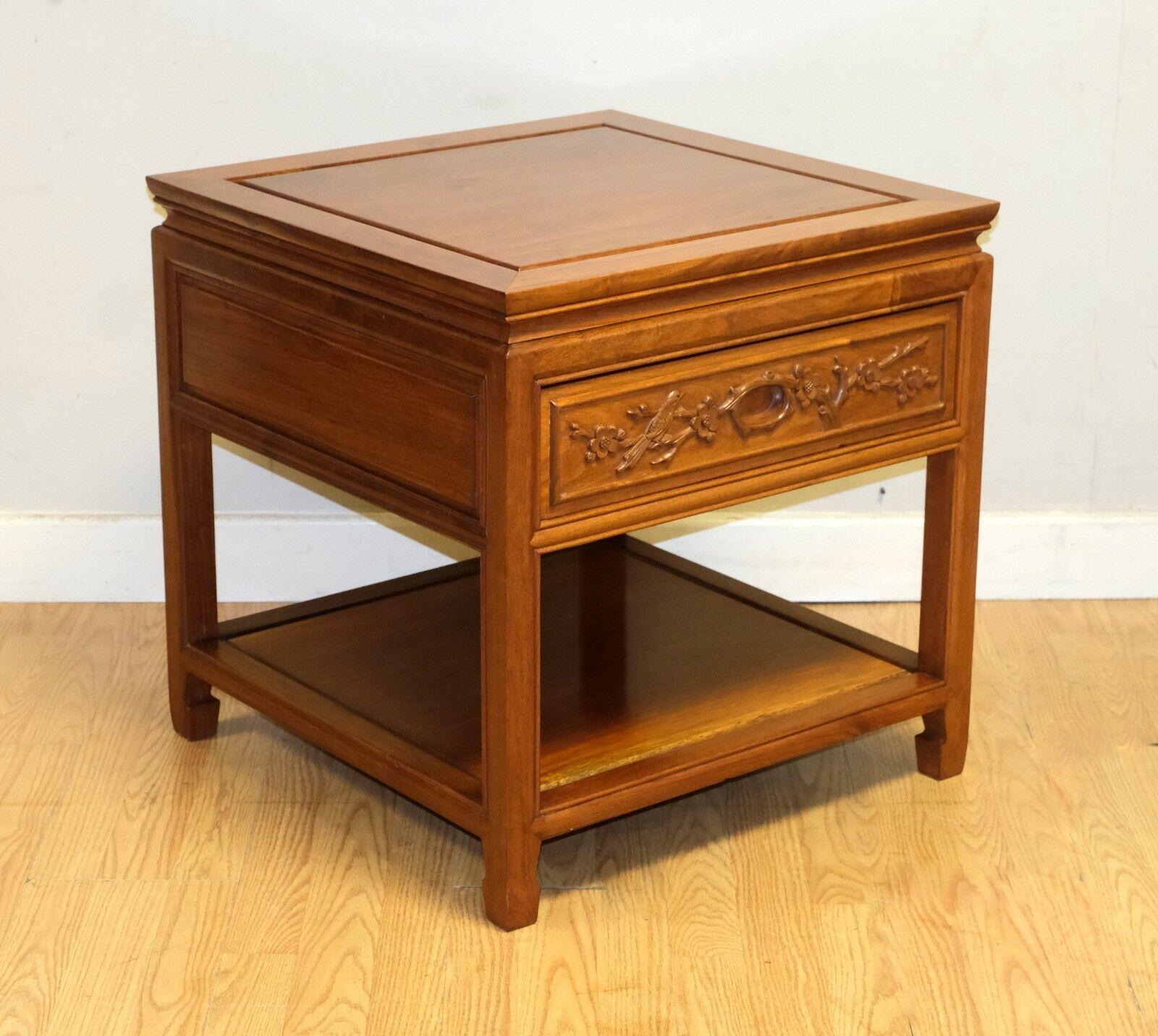 English VINTAGE CHINESE HARDWOOD SiDE TABLE WITH DECORATIVE SINGLE DRAWER & SHELF For Sale