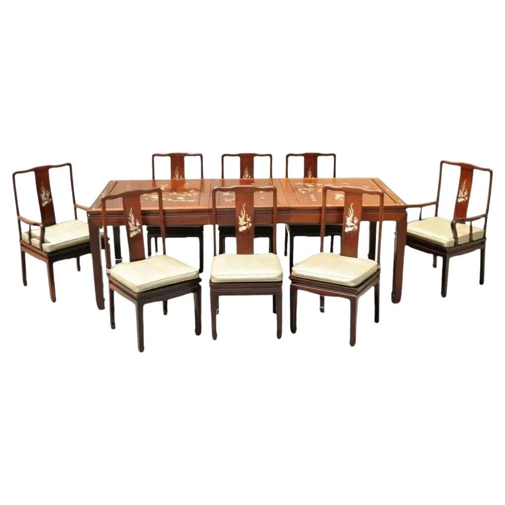 Vintage Chinese Harwood Chinoiserie Dining Room Set Table 8 Chairs - 9 Pc Set