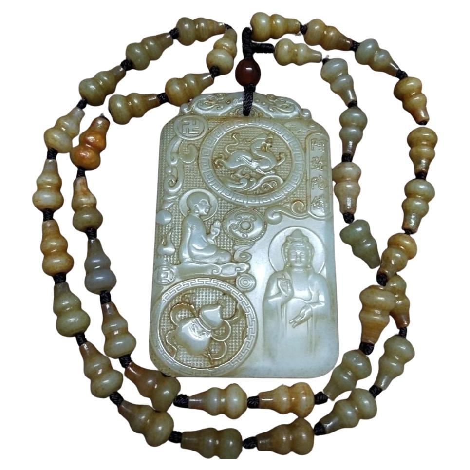 Vintage Chinese Hetian Jade Carved Buddha Pendant with Gourd Bead Necklace