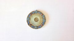 Vintage Chinese Hetian Jade Disc Bi in Silver Enamel Frame with Rubies and Pearl