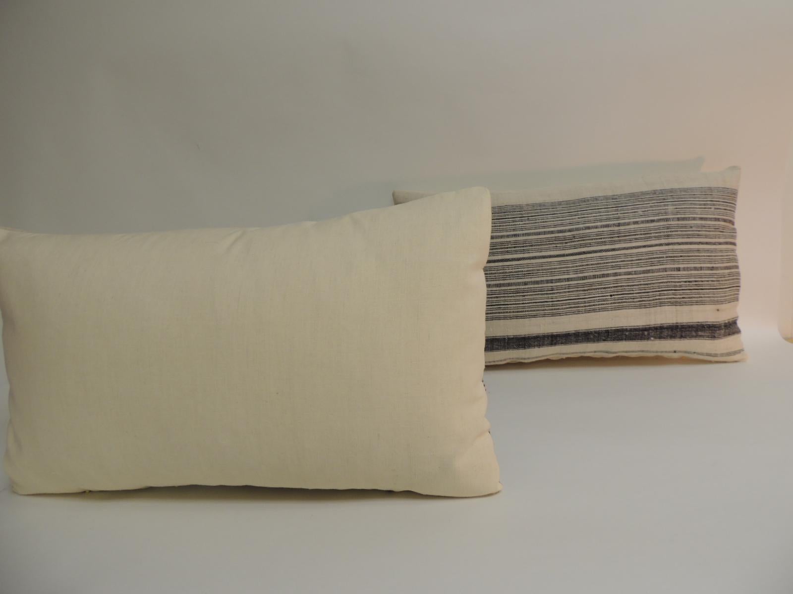 Tribal Vintage Chinese Homespun Blue and Natural Stripe Lumbar Pillow