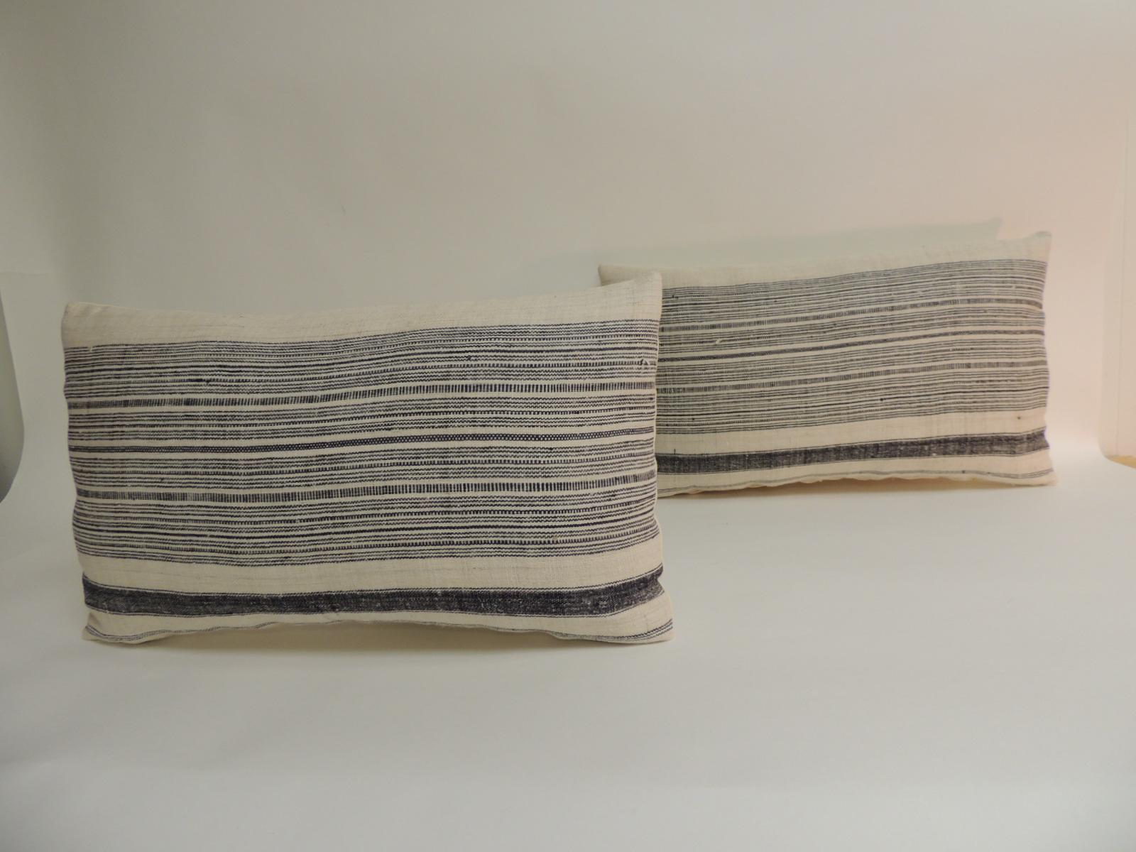 Hand-Crafted Vintage Chinese Homespun Blue and Natural Stripe Lumbar Pillow