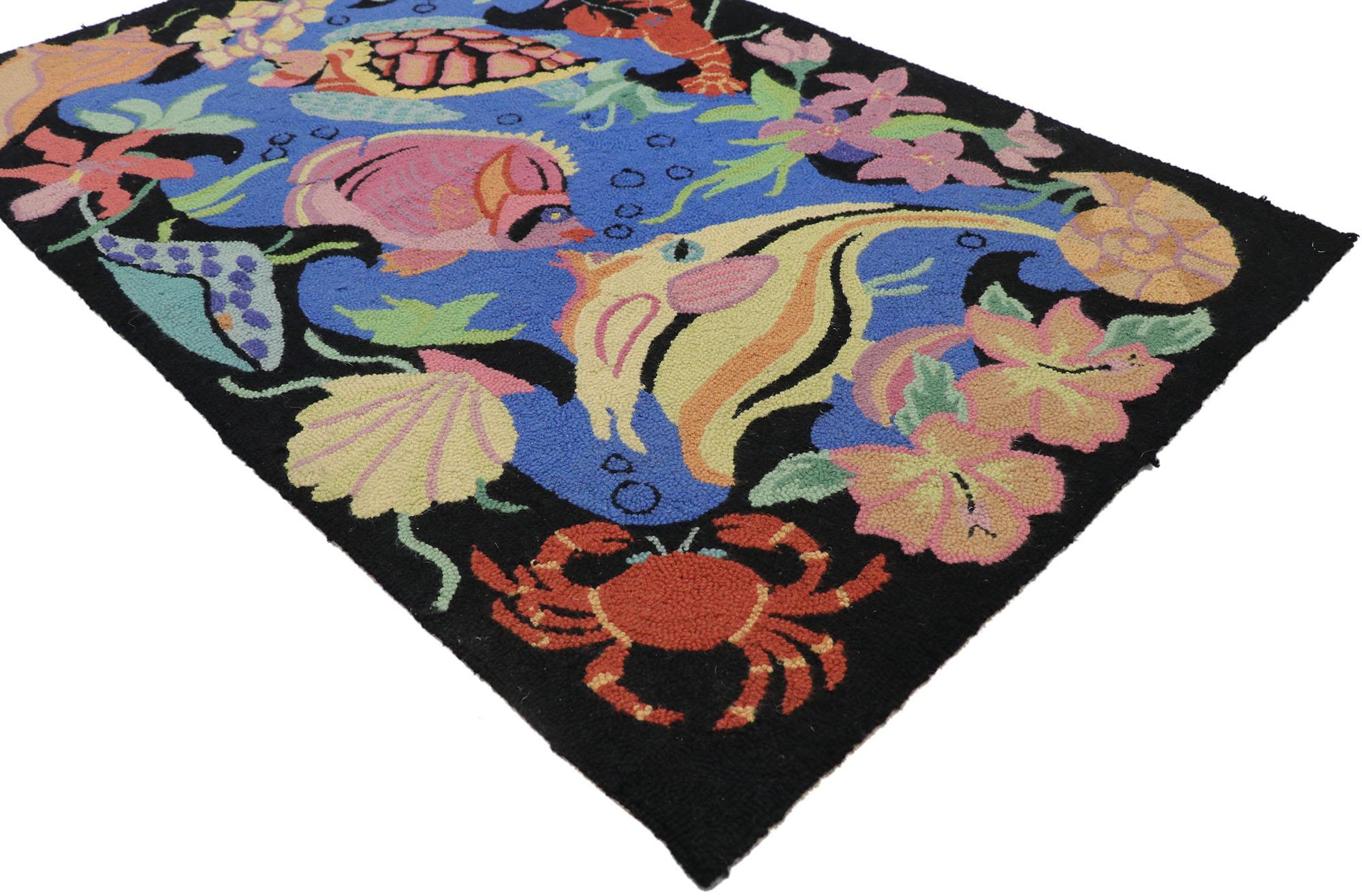 78072 Vintage Chinese Hooked Seascape Pictorial Rug, 02'06 x 03'11. Les tapis chinois à crochets, également connus sous le nom de tapis chinois déco ou tapis chinois Art déco, sont des tapis décoratifs originaires de Chine et popularisés pendant la