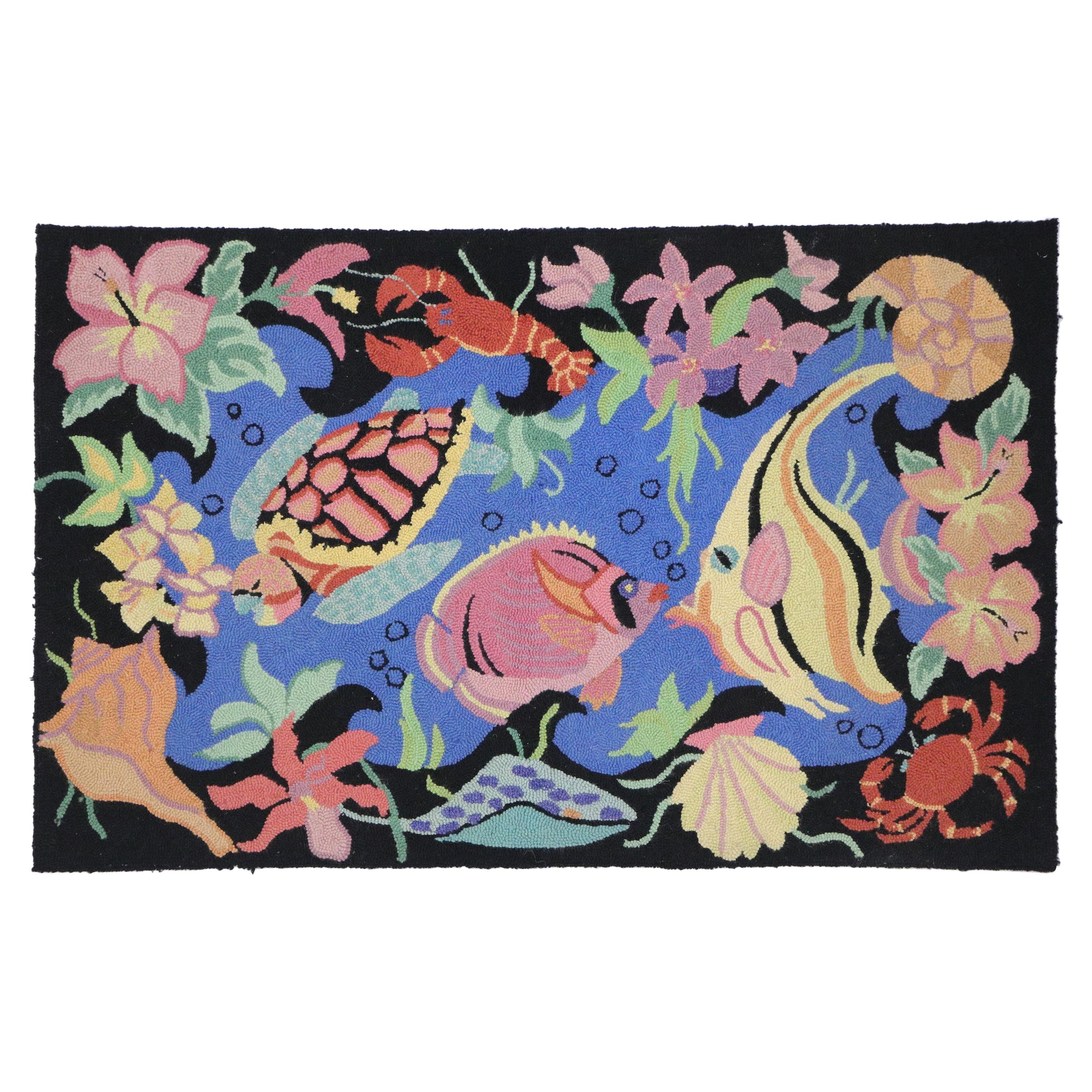 Vintage Chinese Hooked Seascape Bildteppich mit Coastal Bauernhaus Stil im Angebot