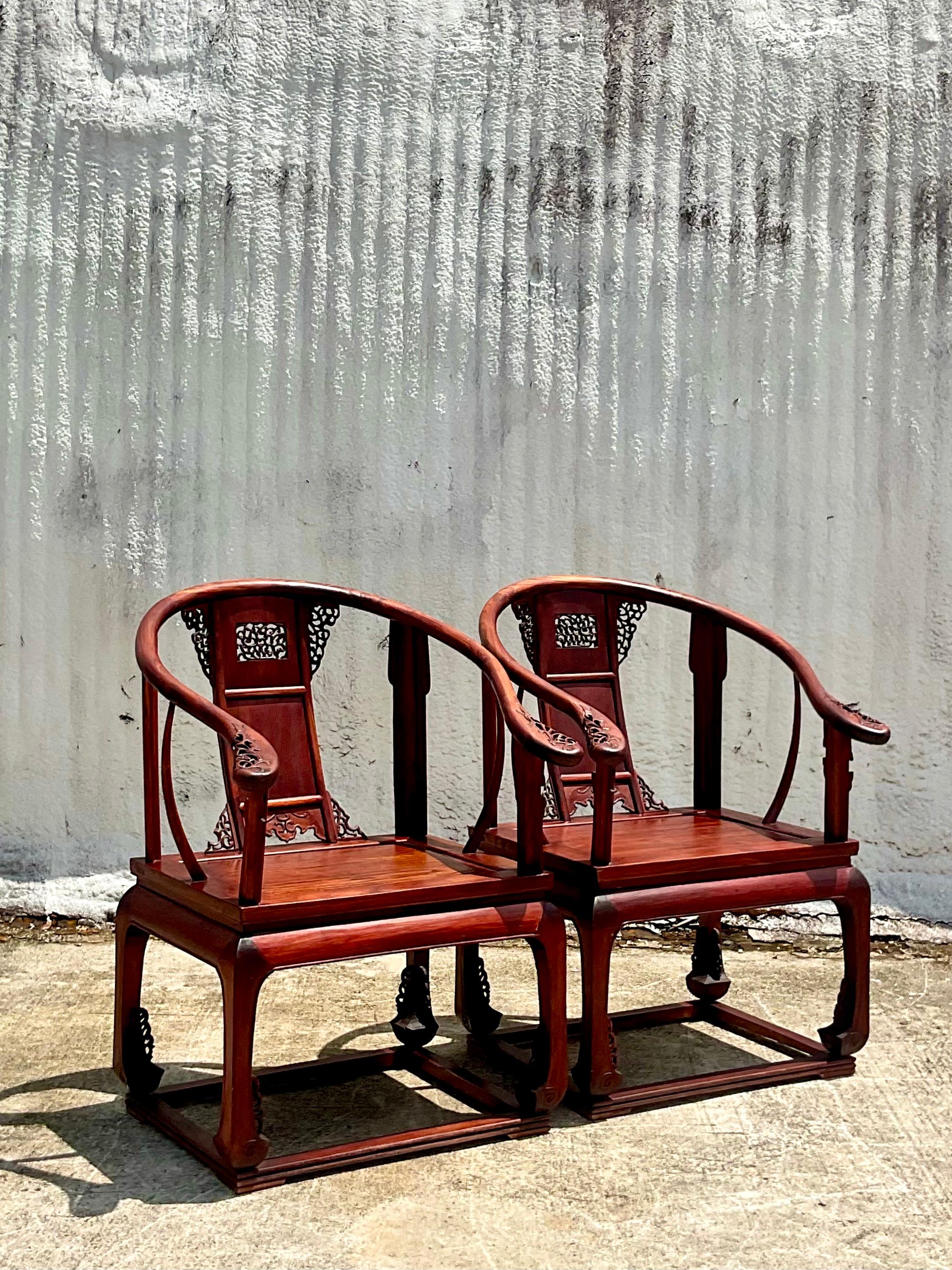 Vintage Chinese Huanghuali Style Arm Chairs, a Pair 2
