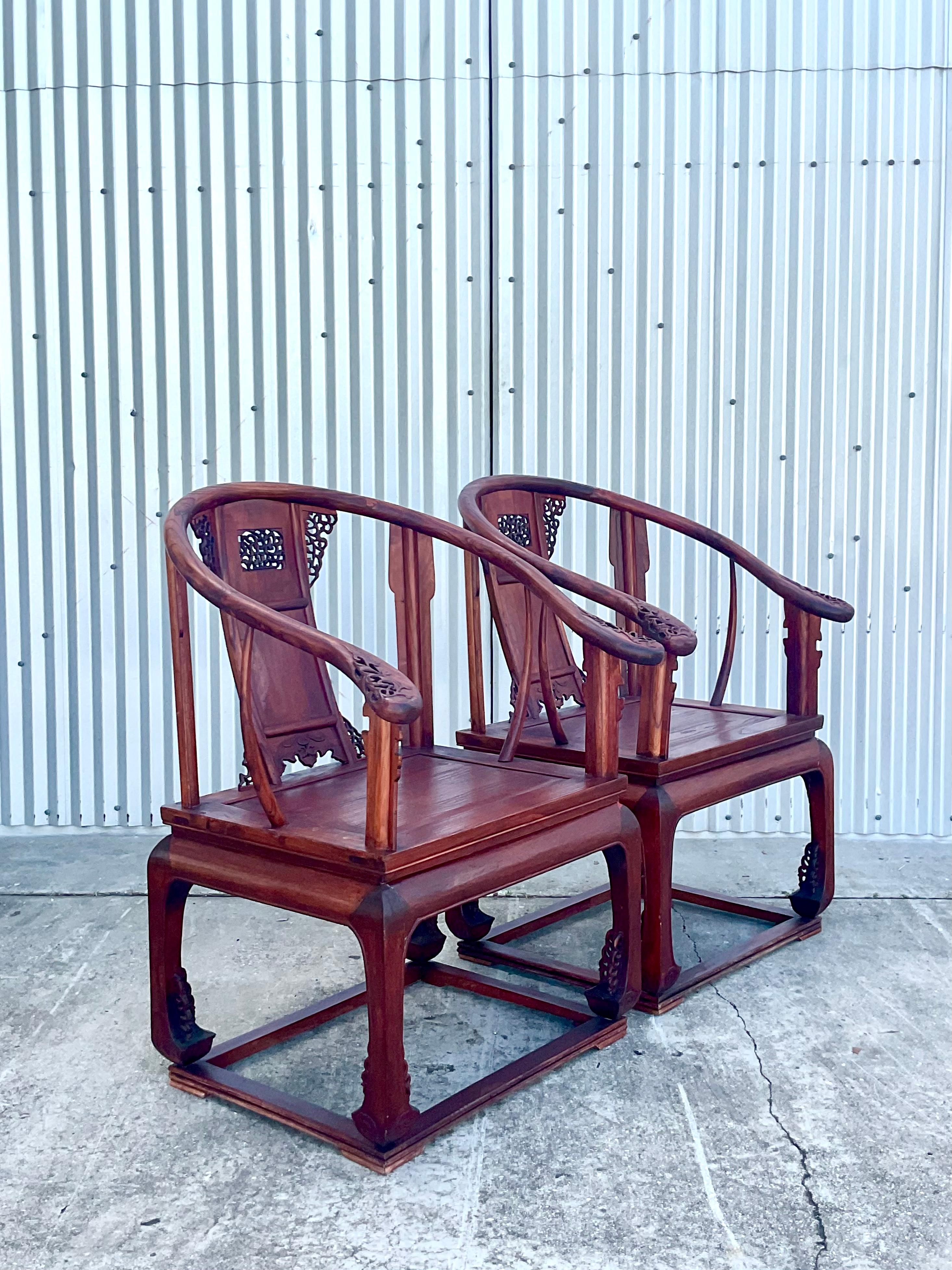 Vintage Chinese Huanghuali Style Arm Chairs, a Pair 6