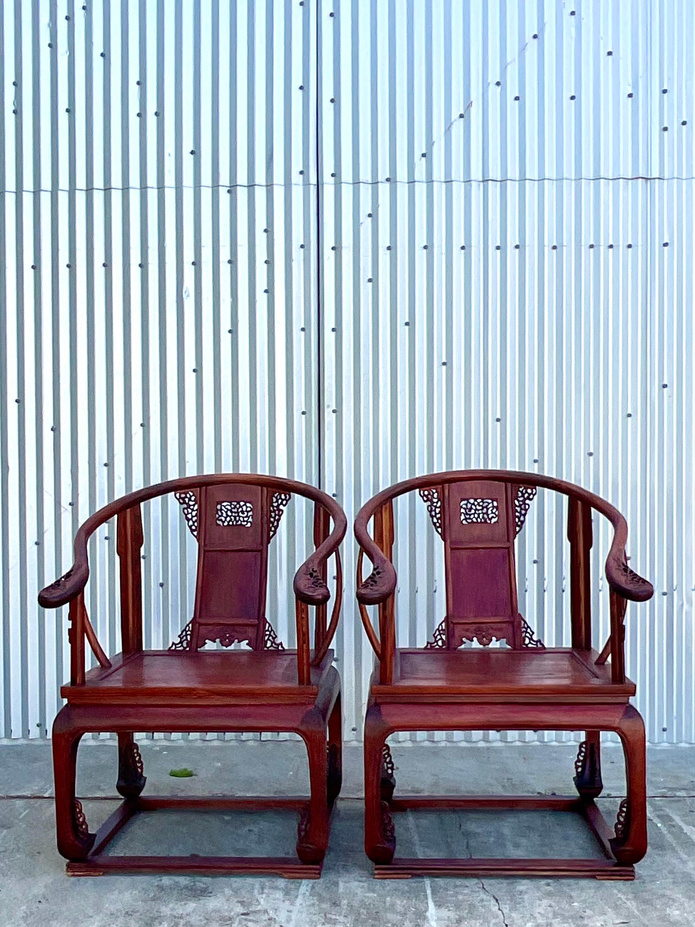 Vintage Chinese Huanghuali Style Arm Chairs, a Pair 7