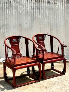 Vintage Chinese Huanghuali Style Arm Chairs, a Pair
