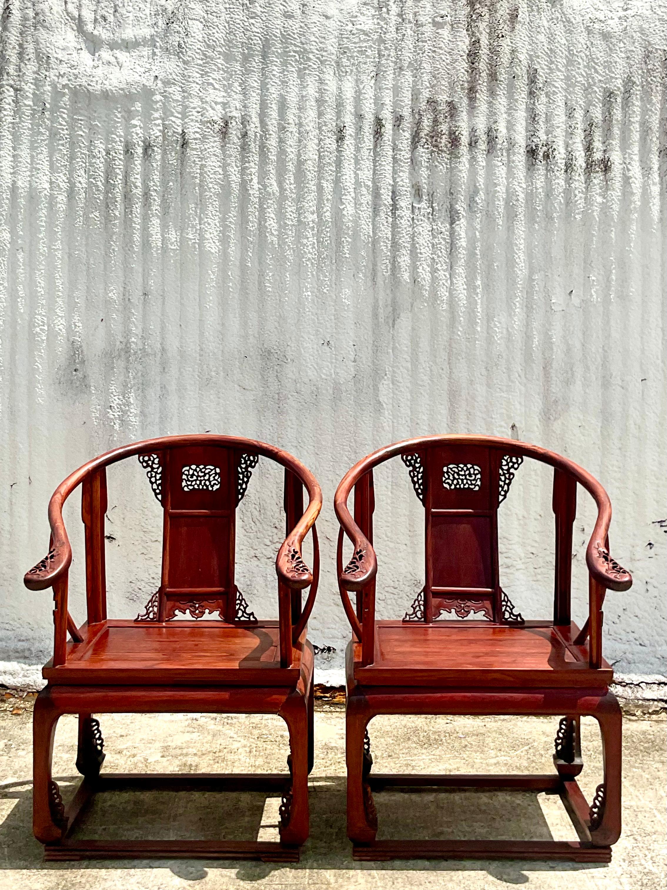 Vintage Chinese Huanghuali Style Arm Chairs, a Pair In Good Condition In West Palm Beach, FL