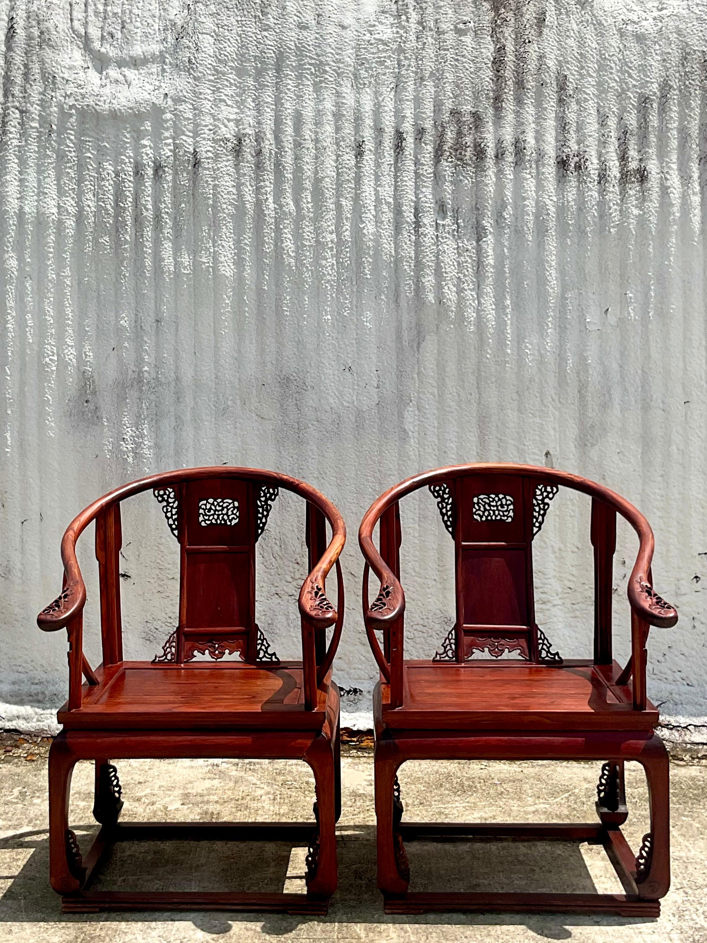 20th Century Vintage Chinese Huanghuali Style Arm Chairs, a Pair