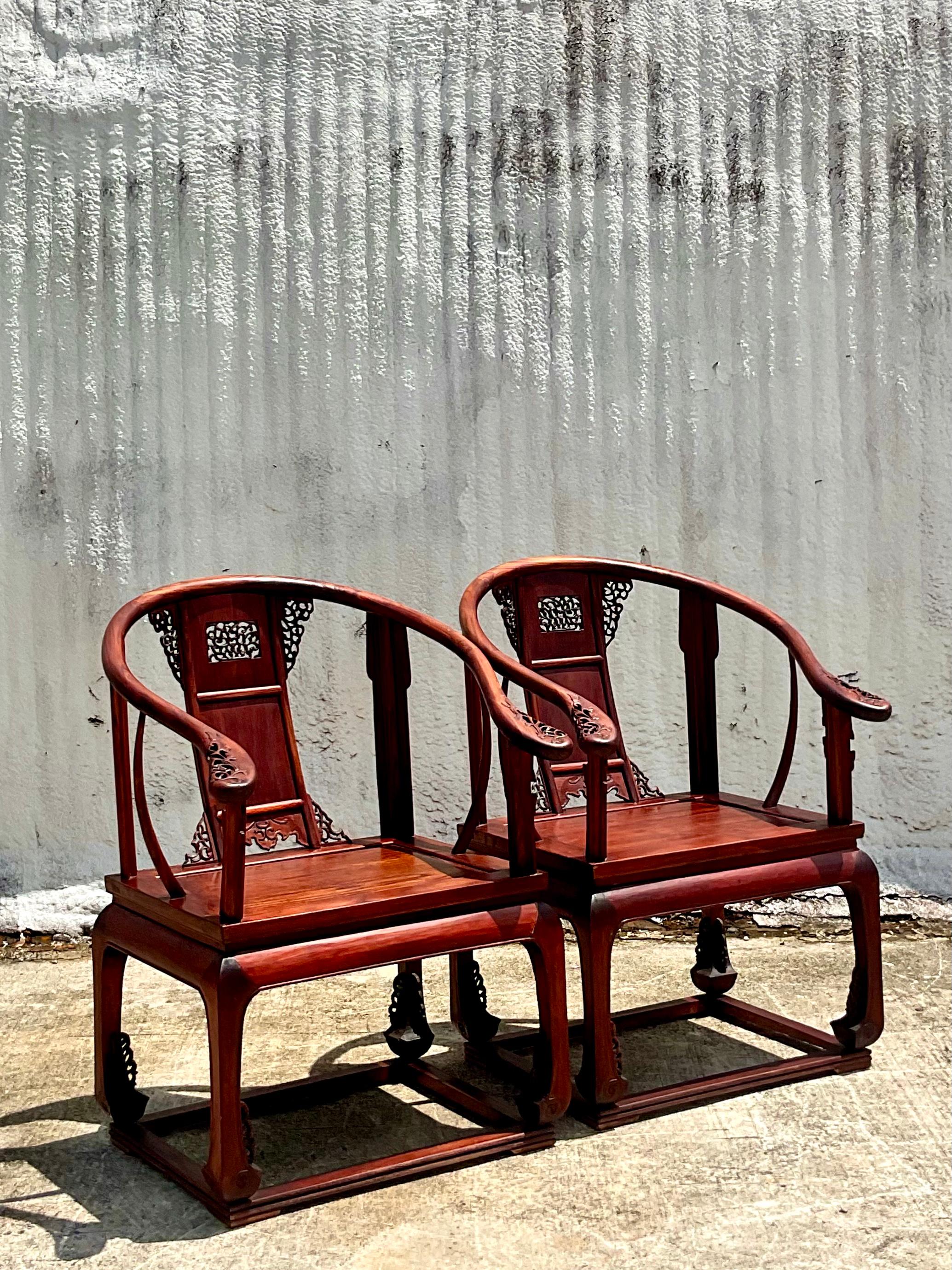 Rosewood Vintage Chinese Huanghuali Style Arm Chairs, a Pair