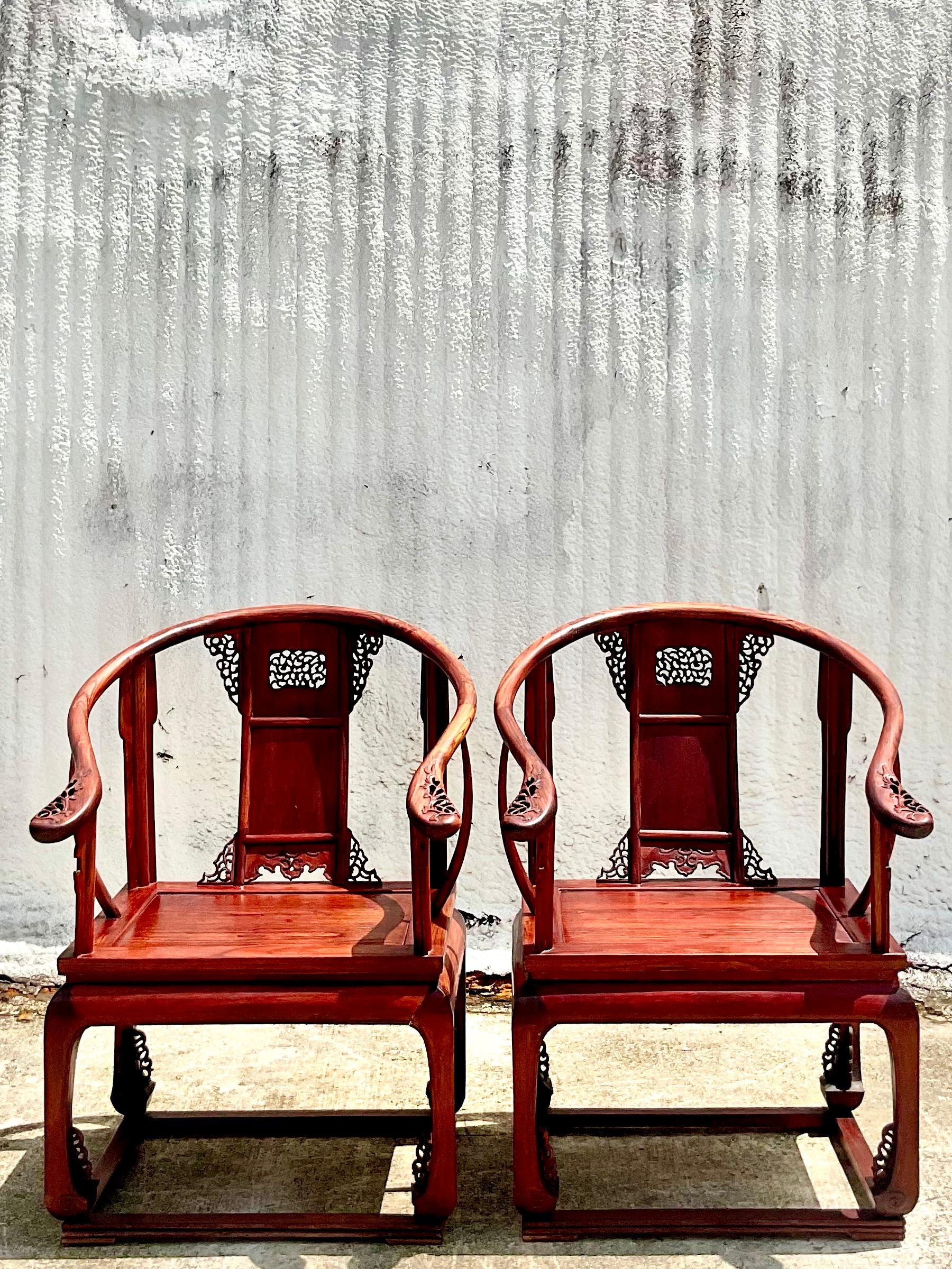Vintage Chinese Huanghuali Style Arm Chairs, a Pair 1