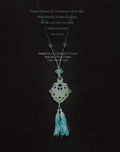 Vintage Chinese Icy Translucent Carved Jade Moth Butterfly Pendant Necklace
