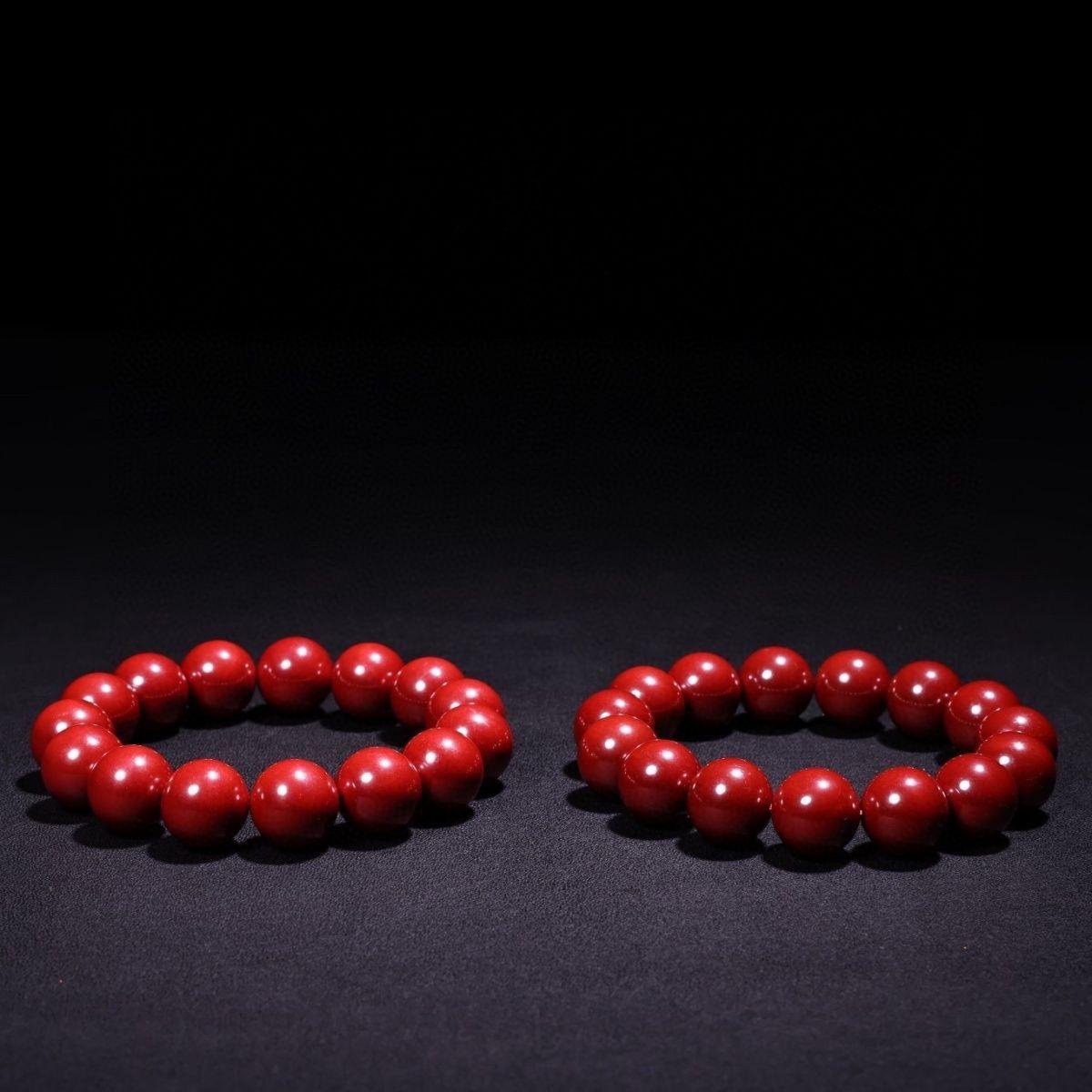 Precious Stone Vintage Chinese Imperial Cinnabar Red Beads Jewelry Bracelets Pair For Sale