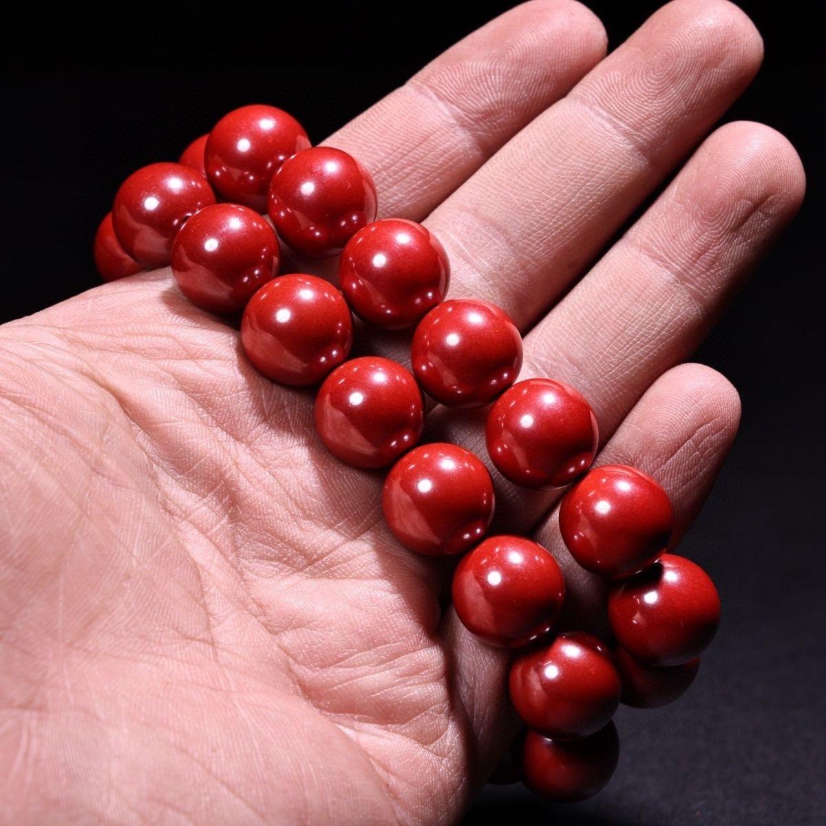 Vintage Chinese Imperial Cinnabar Red Beads Jewelry Bracelets Pair For Sale 2
