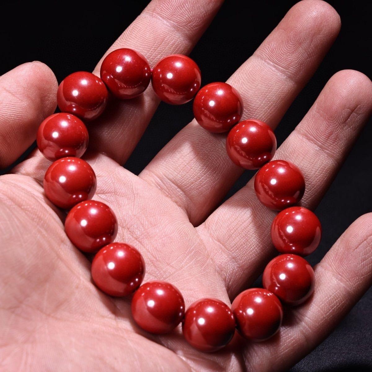 Vintage Chinese Imperial Cinnabar Red Beads Jewelry Bracelets Pair For Sale 3