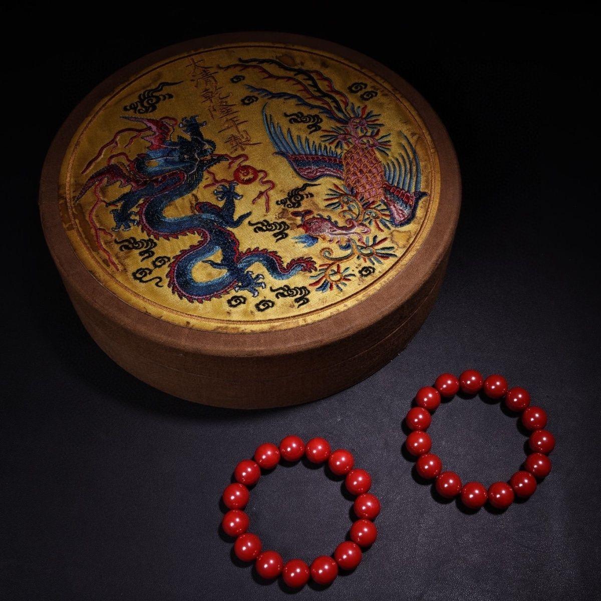 Vintage Chinese Imperial Cinnabar Red Beads Jewelry Bracelets Pair For Sale 4