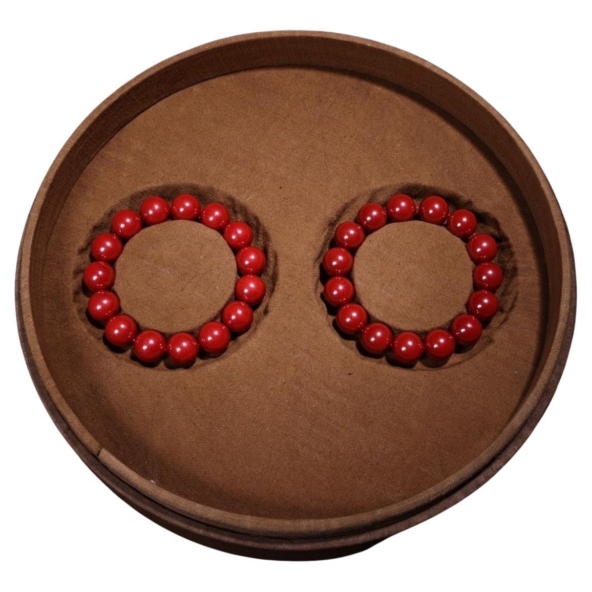 Vintage Chinese Imperial Cinnabar Red Beads Jewelry Bracelets Pair