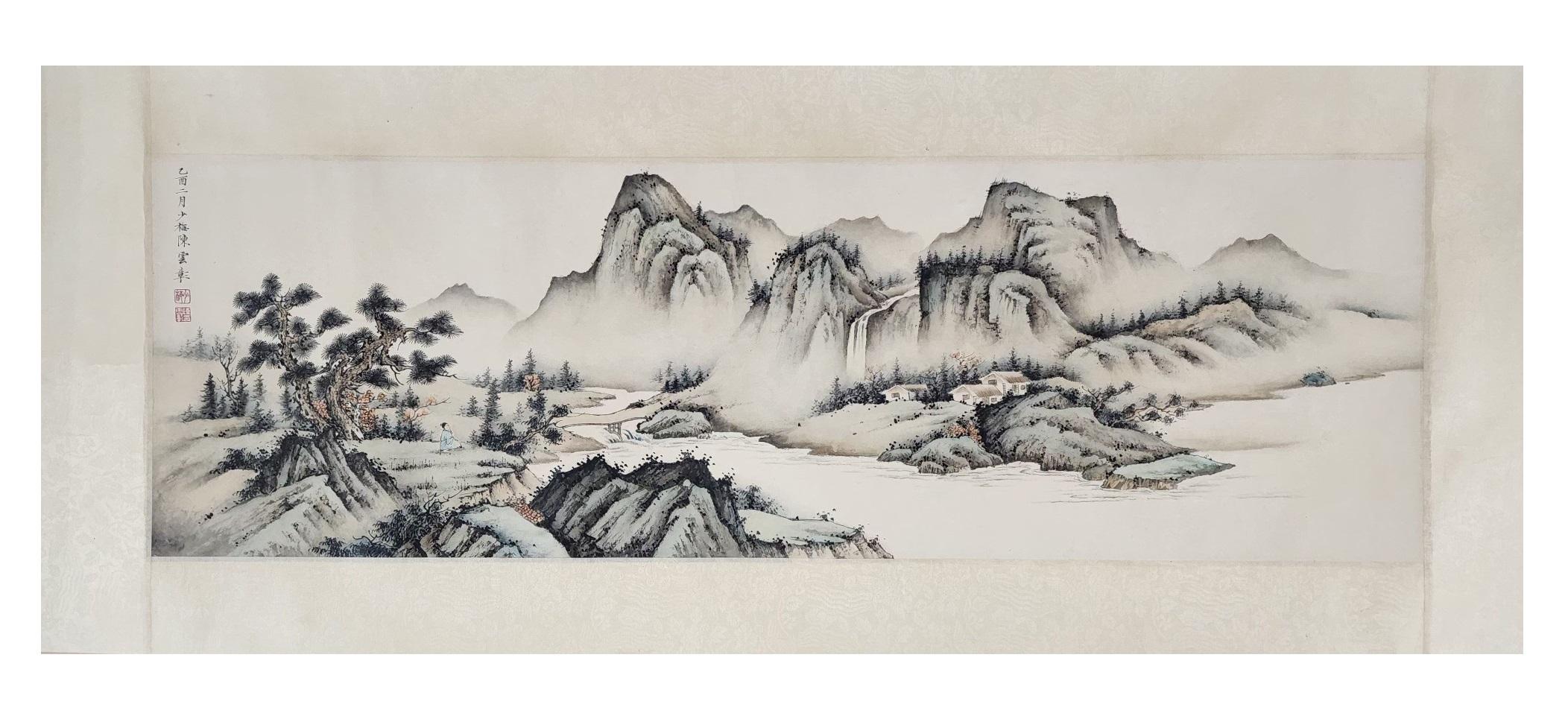 This exquisite old ink painting captures the serene beauty of a traditional Chinese landscape, showcasing majestic mountains, flowing rivers, and tranquil nature scenes. Hand-painted on high-quality paper, this vintage wall hanging art exemplifies