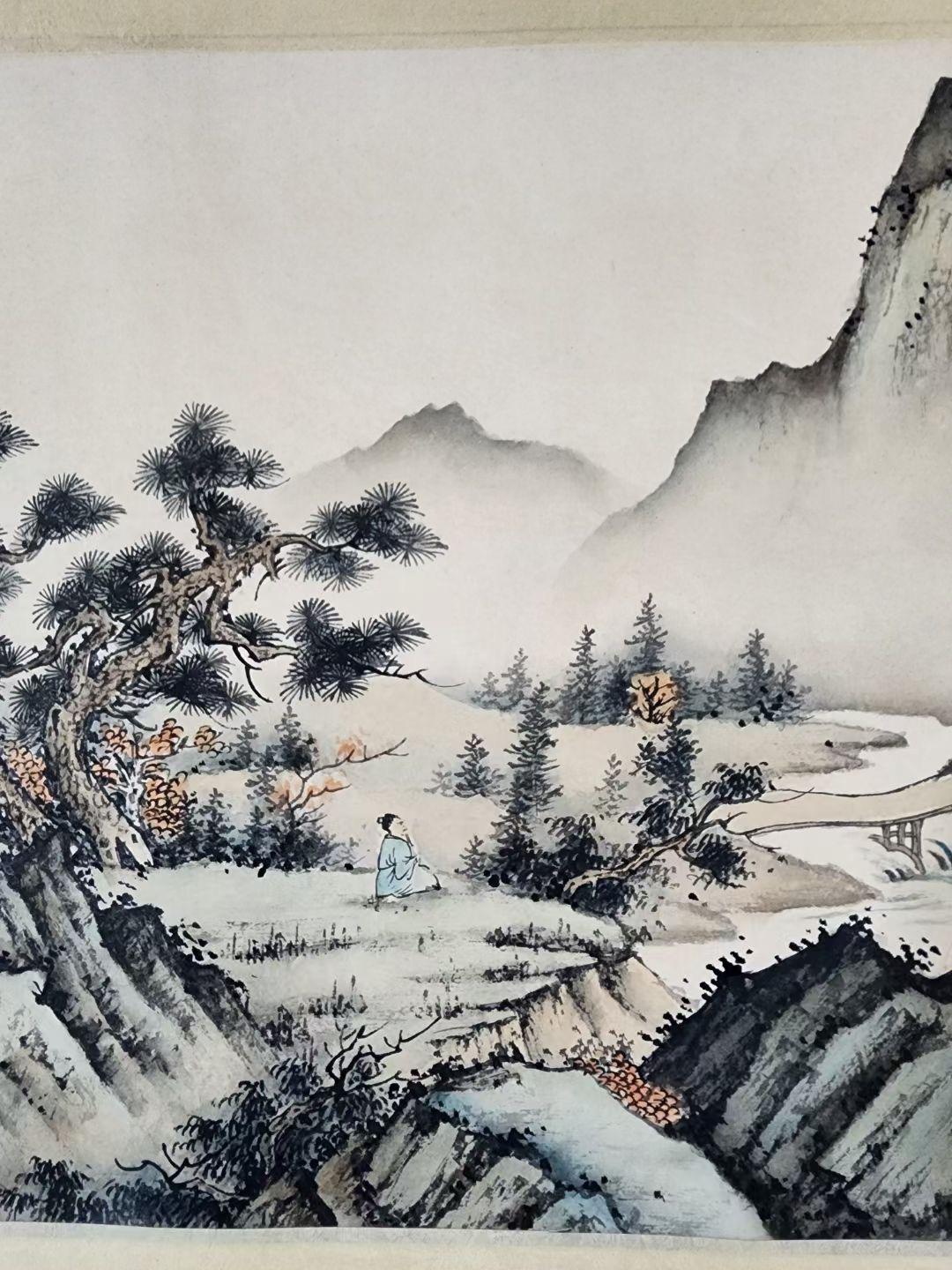 19th Century Vintage Chinese Ink Hand-Painted Landscape Wall Hanging Paper Scroll For Sale
