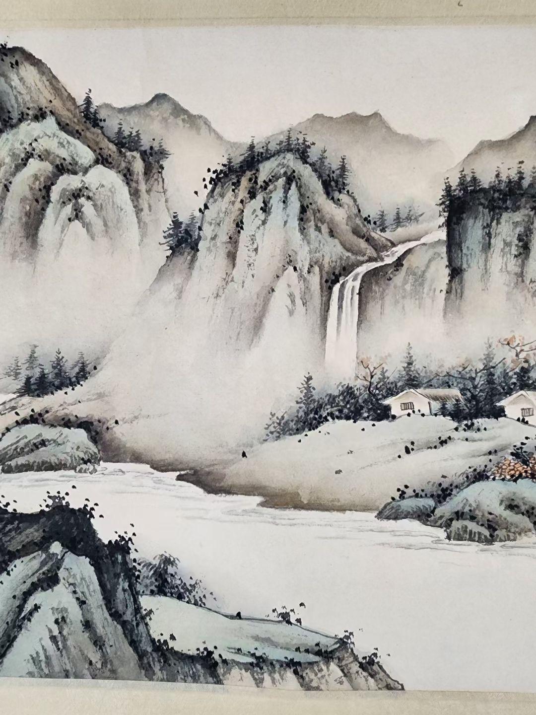 Vintage Chinese Ink Hand-Painted Landscape Wall Hanging Paper Scroll For Sale 1