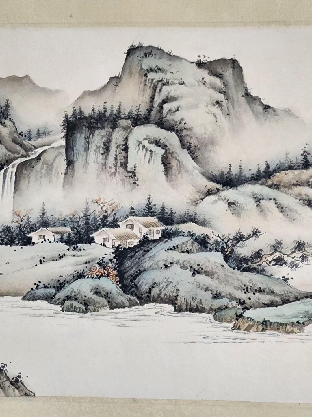 Vintage Chinese Ink Hand-Painted Landscape Wall Hanging Paper Scroll For Sale 2
