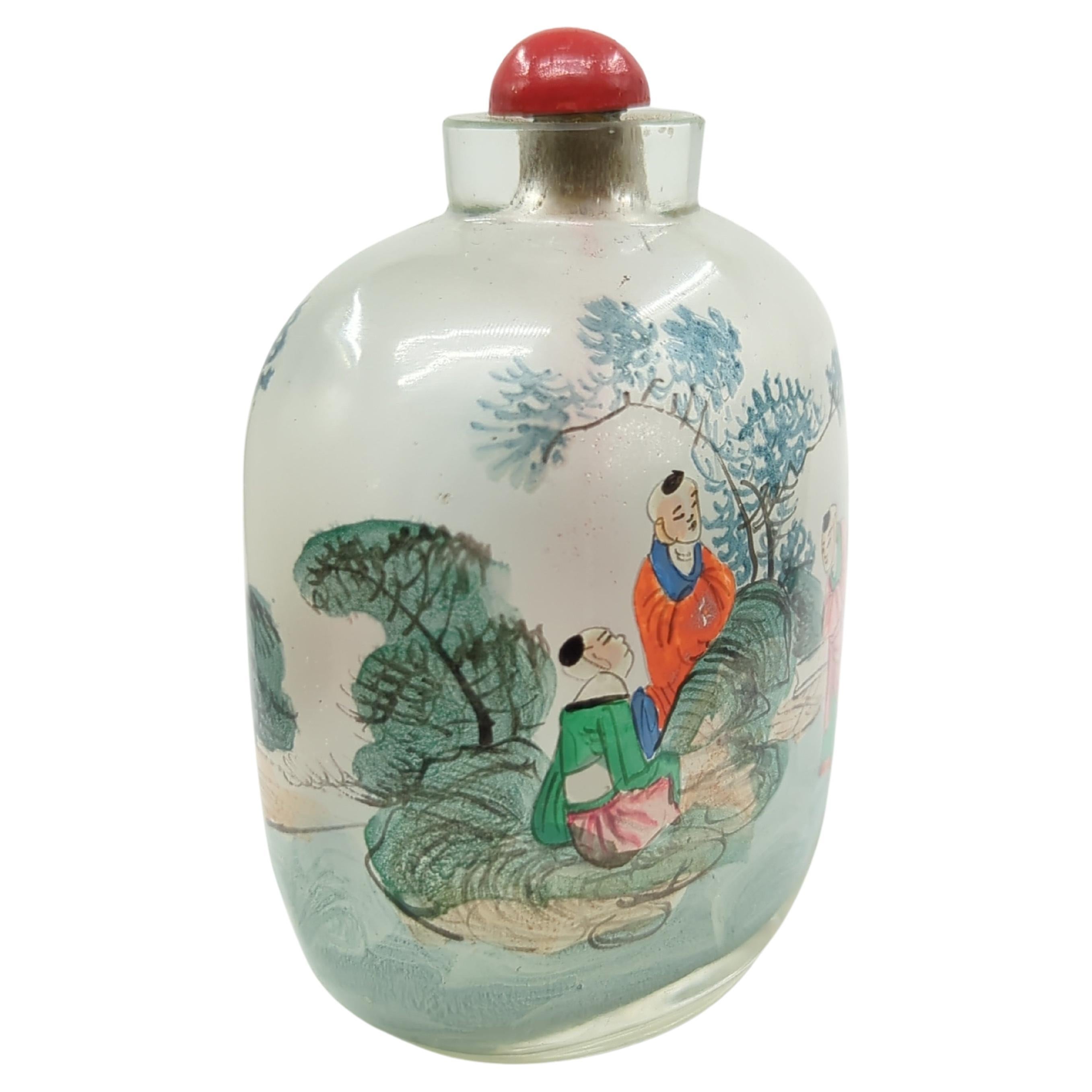 Antique Chinese Inside Painted Glass Snuff Bottle Boys Qing Late 19-20c In Good Condition In Richmond, CA