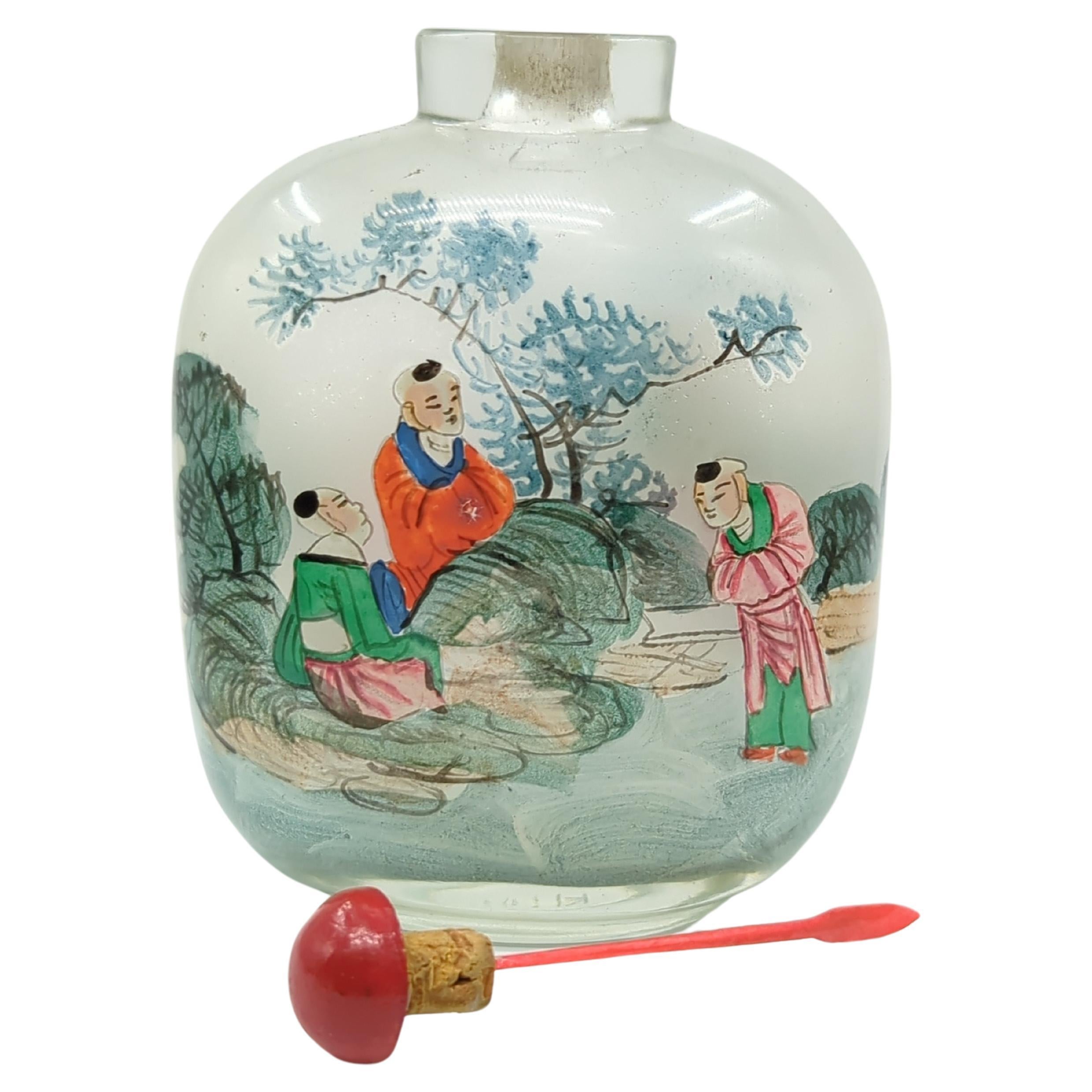 19th Century Antique Chinese Inside Painted Glass Snuff Bottle Boys Qing Late 19-20c