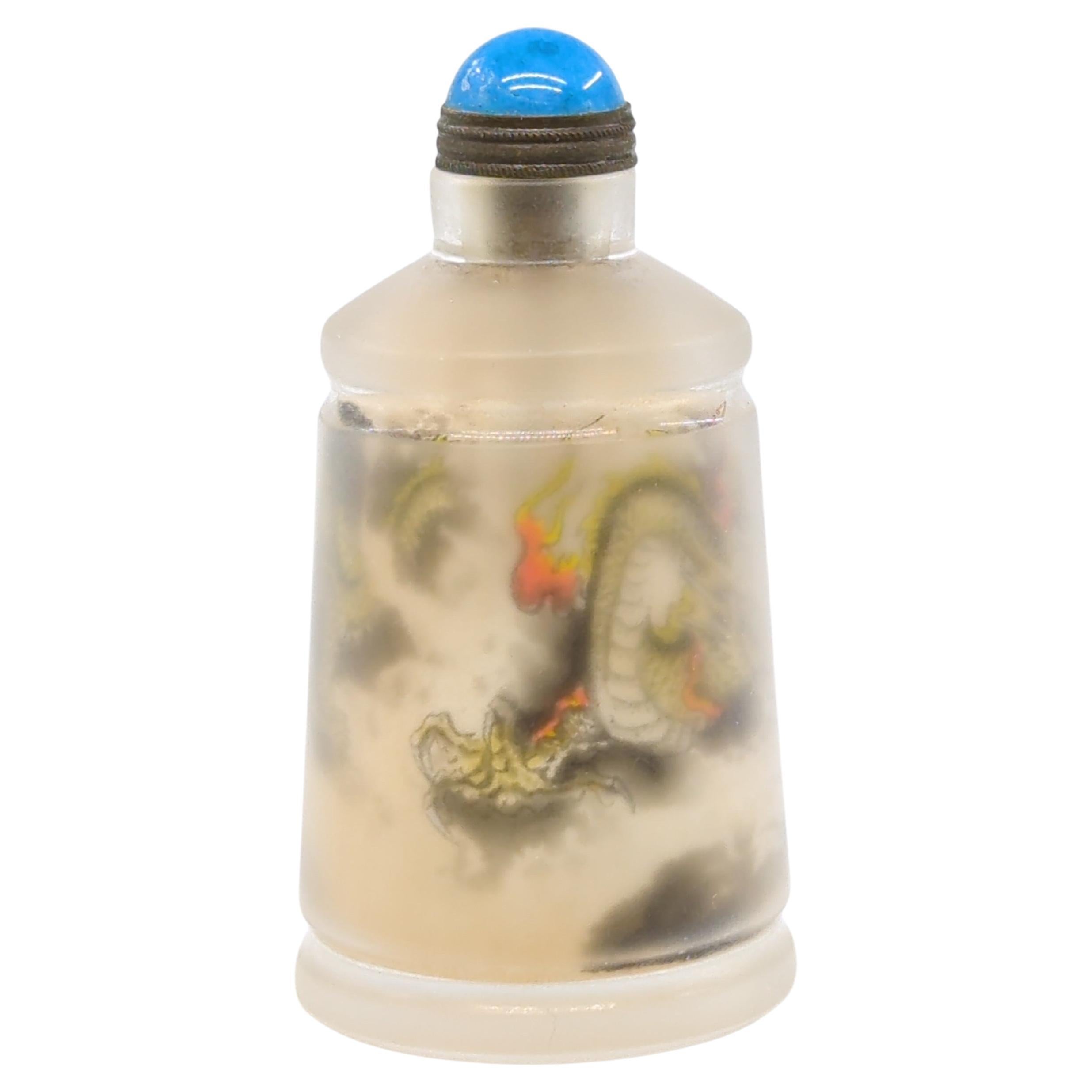 Qing Vintage Chinese Inside Painted Glass Snuff Bottle Dragon Apocryphal Erzhong 20c For Sale