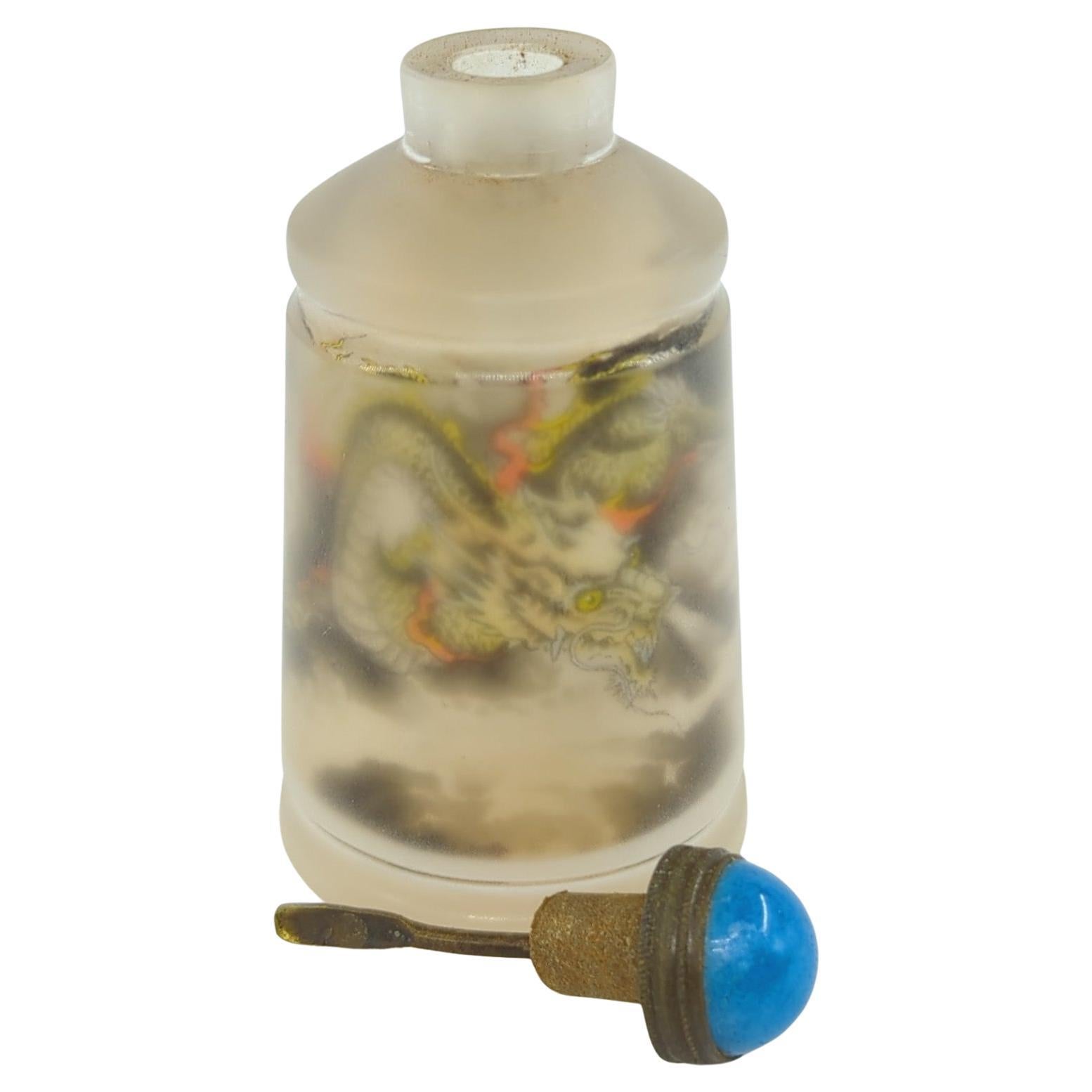 Vintage Chinese innen bemaltes Glas Schnupftabak Flasche Drache Apokryphen Erzhong 20c (Chinesisch) im Angebot