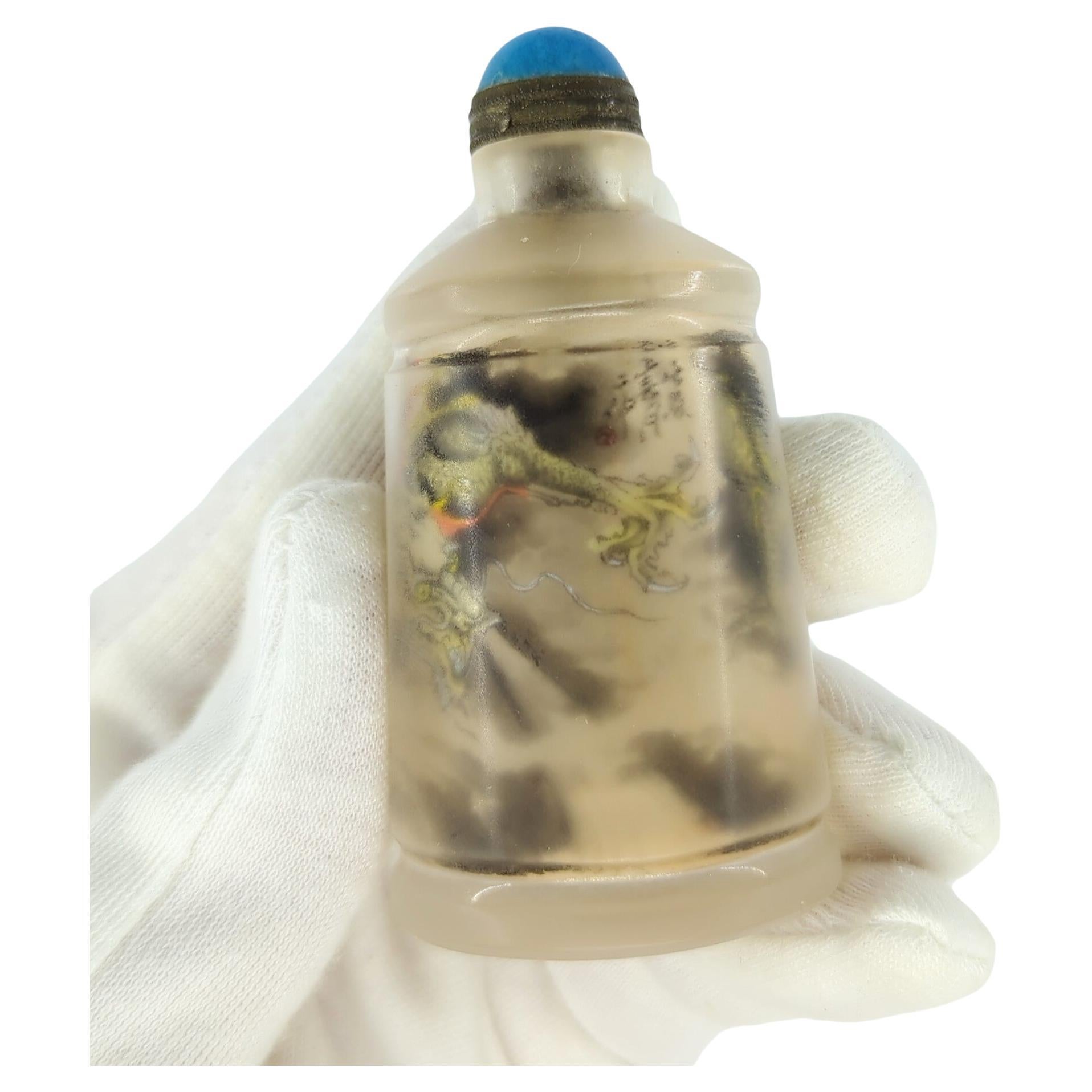 Vintage Chinese innen bemaltes Glas Schnupftabak Flasche Drache Apokryphen Erzhong 20c im Zustand „Gut“ im Angebot in Richmond, CA
