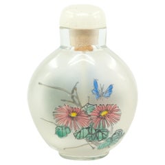 Vintage Chinese Inside Painted Glass Snuff Bottle Flowers/Shanshui Jade 20c