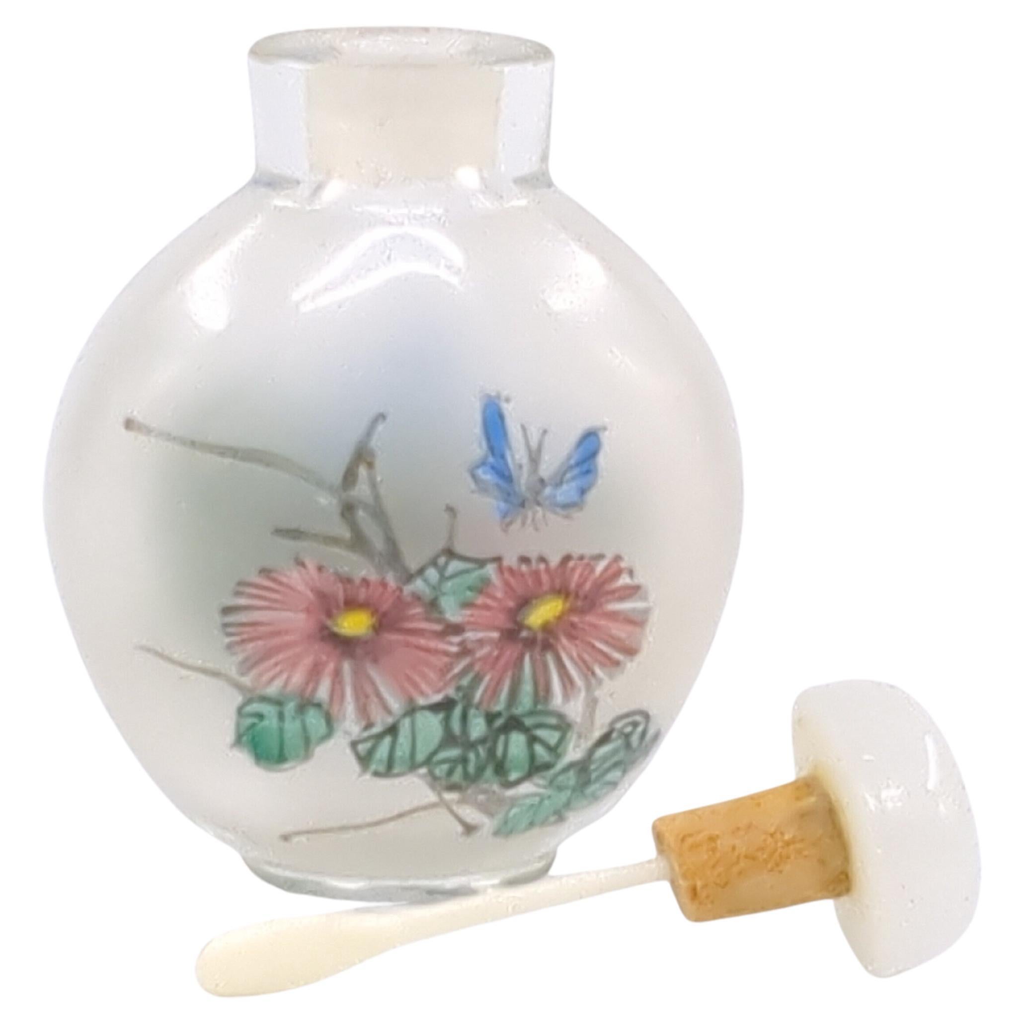 Qing Vintage Chinese Inside Painted Glass Snuff Bottle Flowers/Shanshui Jade 20c For Sale