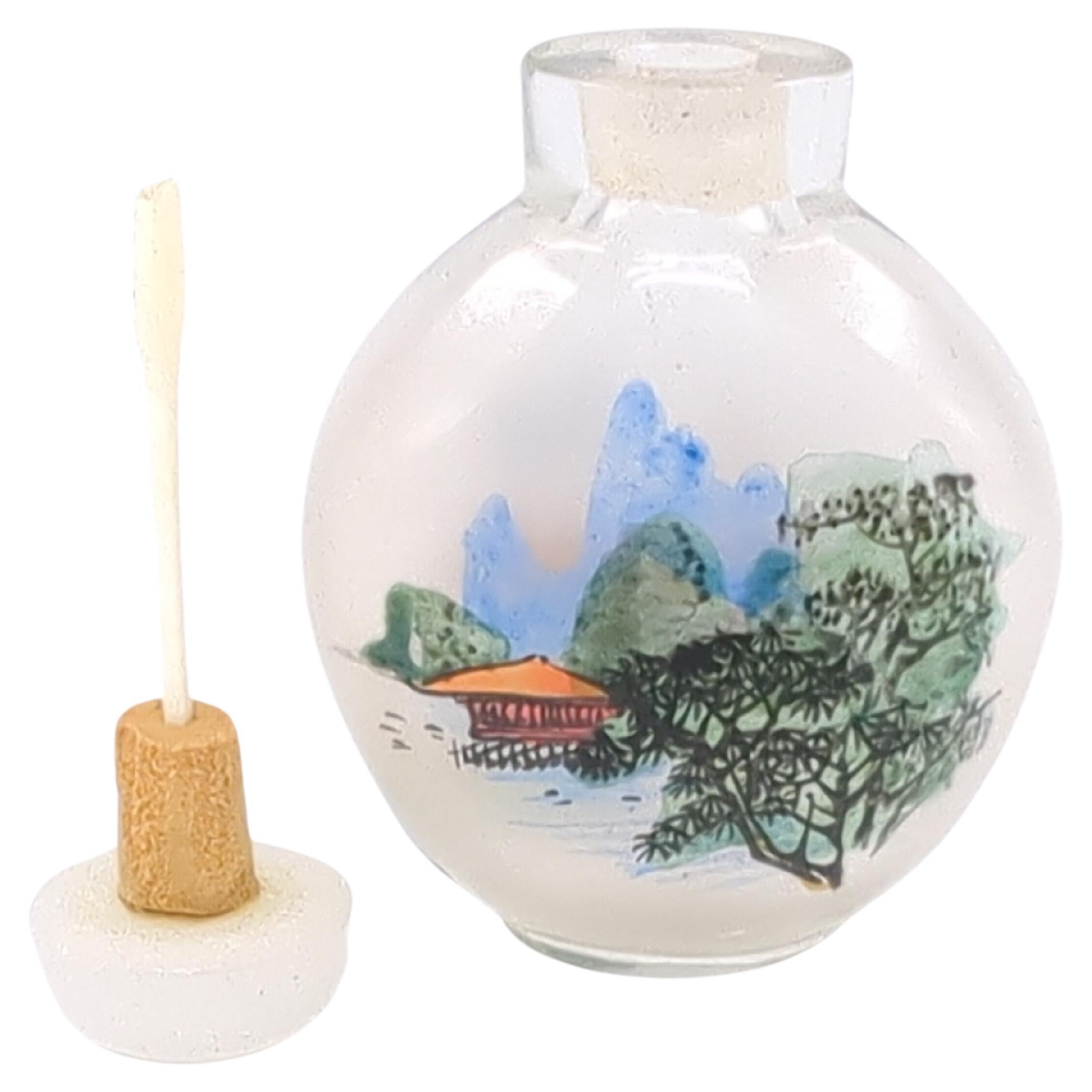 Vintage Chinese Inside Painted Glass Snuff Bottle Flowers/Shanshui Jade 20c In Good Condition For Sale In Richmond, CA