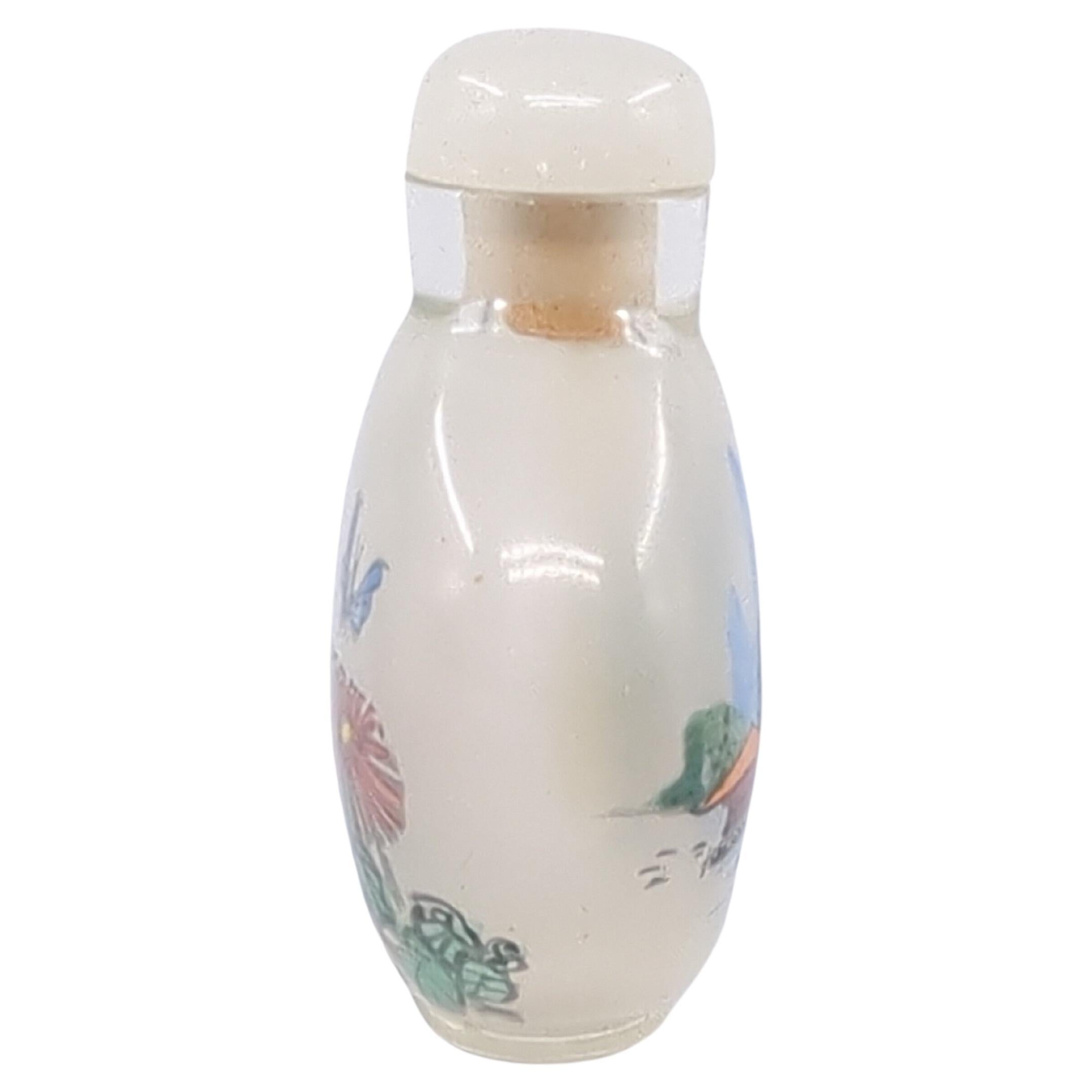 20th Century Vintage Chinese Inside Painted Glass Snuff Bottle Flowers/Shanshui Jade 20c For Sale