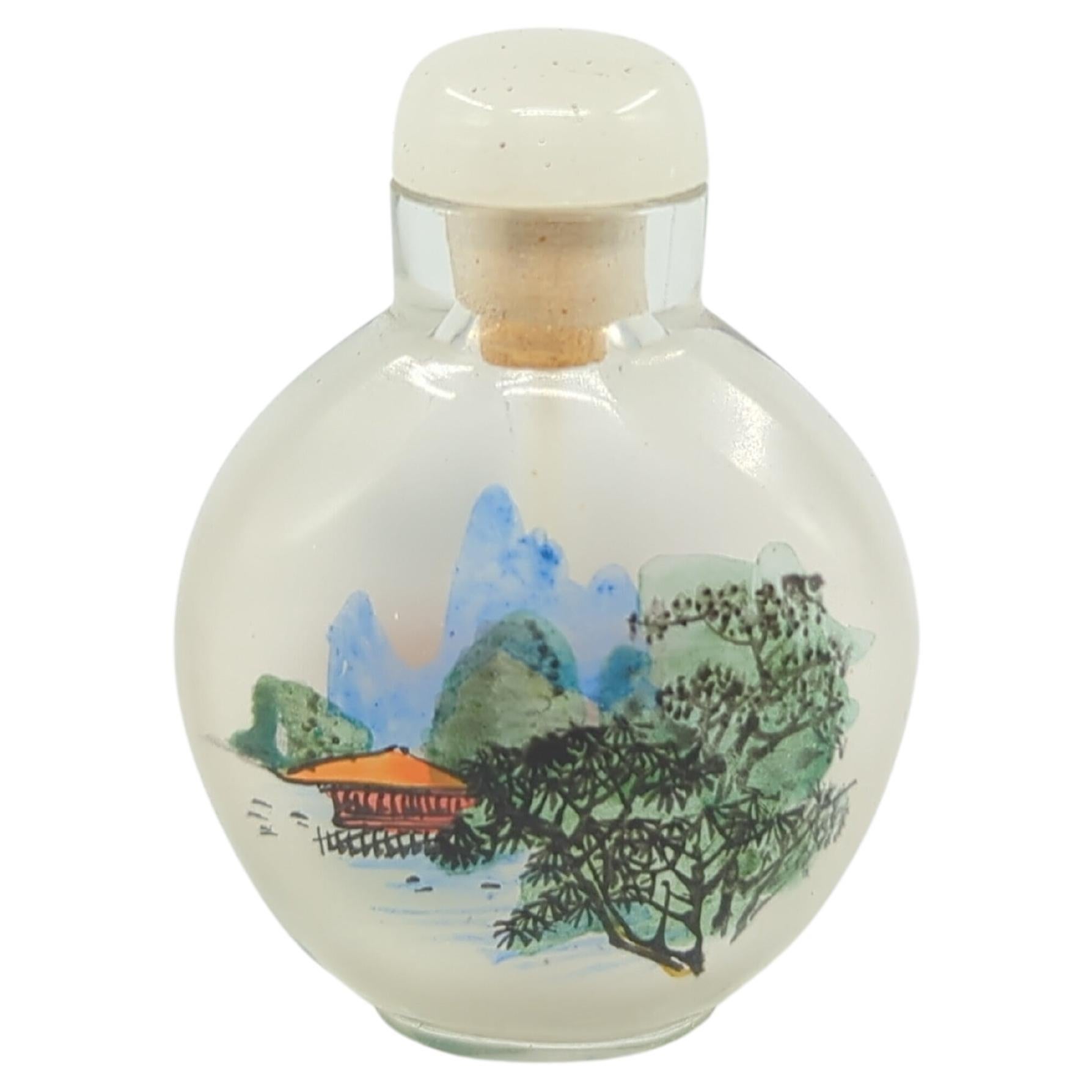 Vintage Chinese innen bemaltes Glas Schnupftabak Flasche Blumen/Shanshui Jade 20c