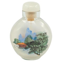 Vintage Chinese Inside Painted Glass Snuff Bottle Flowers/Shanshui Jade 20c