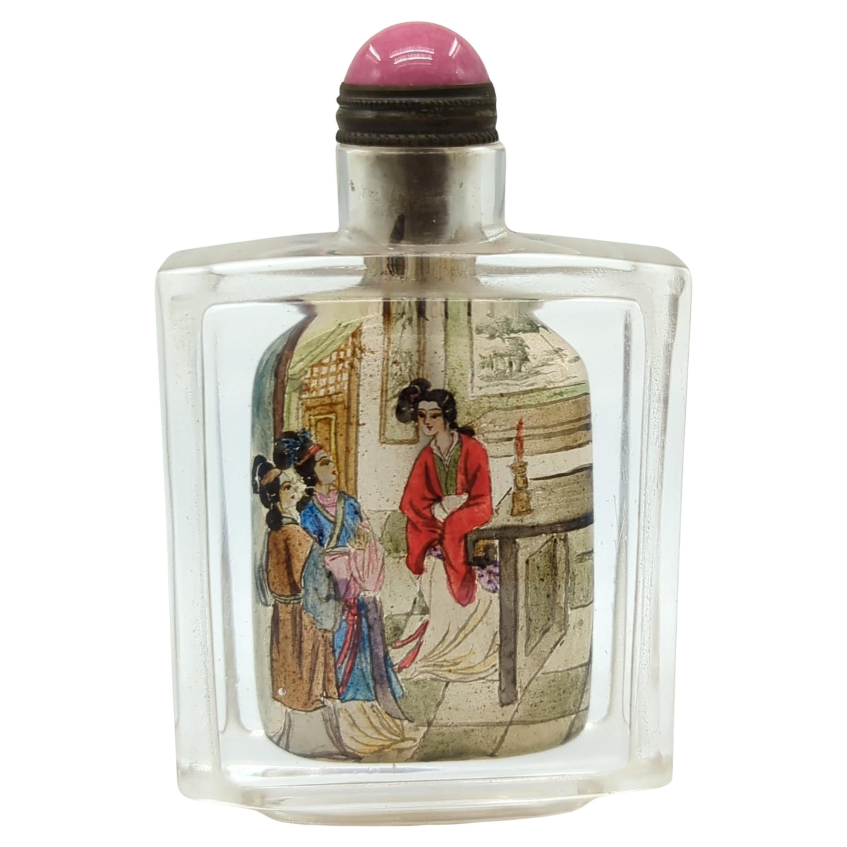 20th Century Vintage Chinese Inside Painted Glass Snuff Bottle IPSB Court Ladies Poem 20c For Sale
