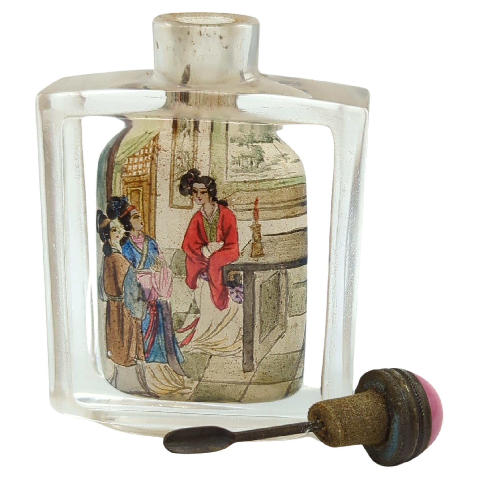 Cut Glass Vintage Chinese Inside Painted Glass Snuff Bottle IPSB Court Ladies Poem 20c For Sale