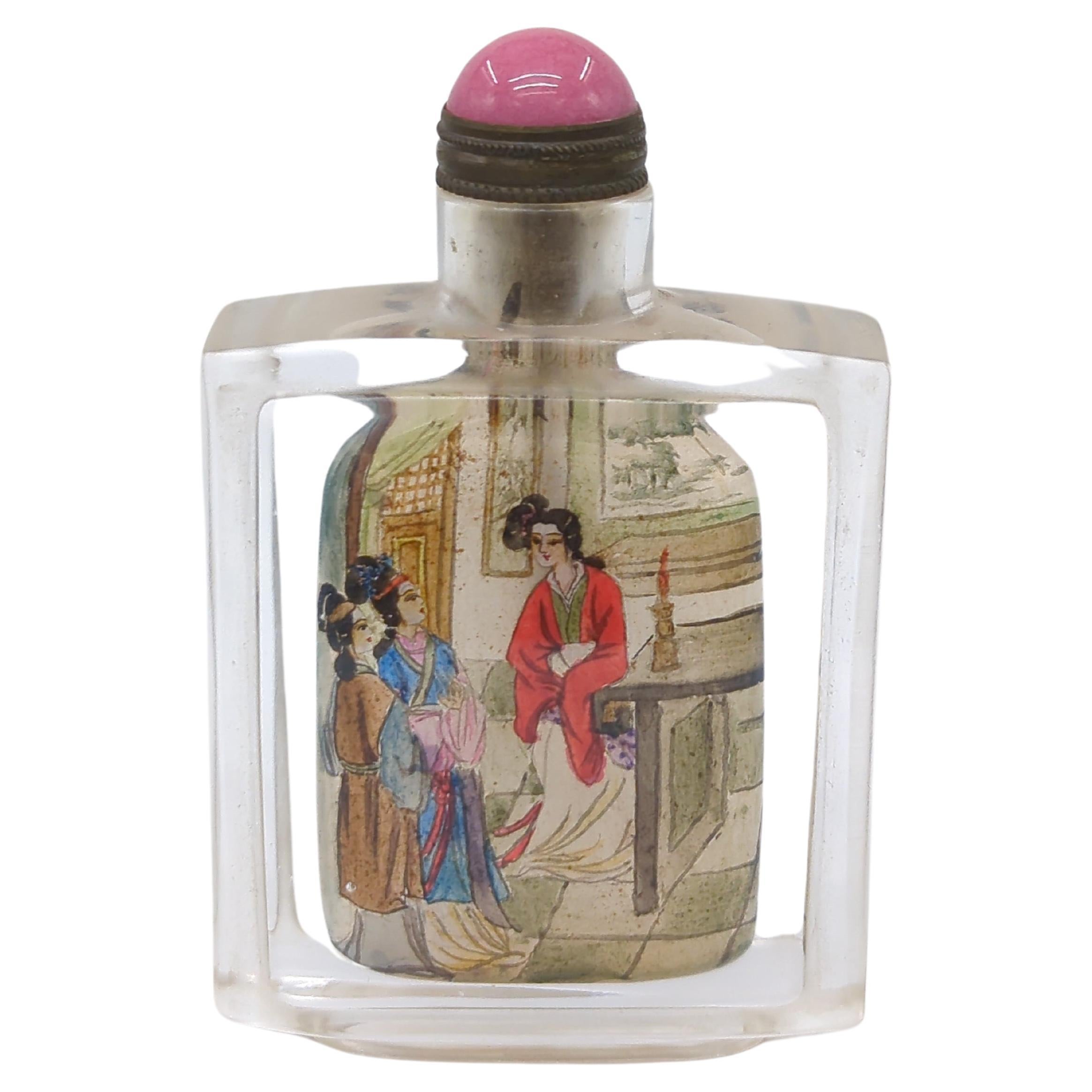 Chinesische Vintage-Schnupftabakflasche aus bemaltem Glas IPSB Court Ladies Poem 20c, Chinesische Vintage