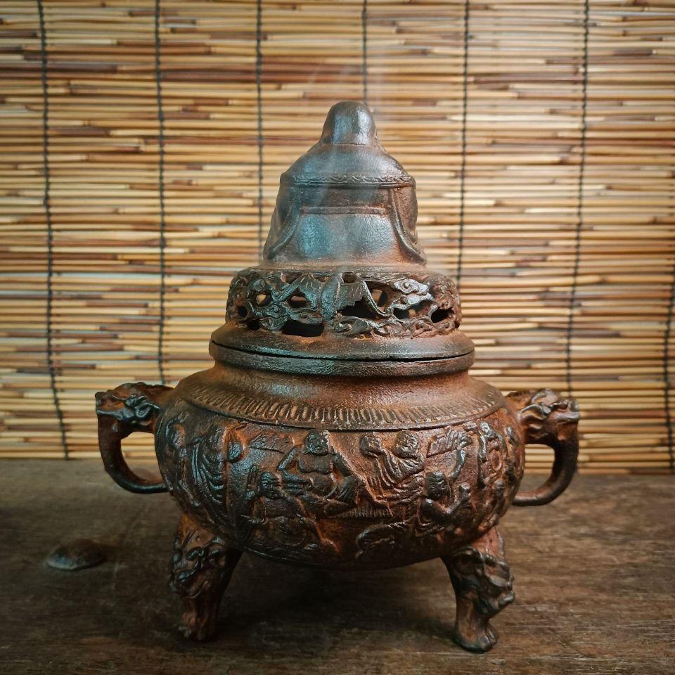 20th Century Vintage Chinese Iron Carving Eighteen Arhats Incense Burner For Sale