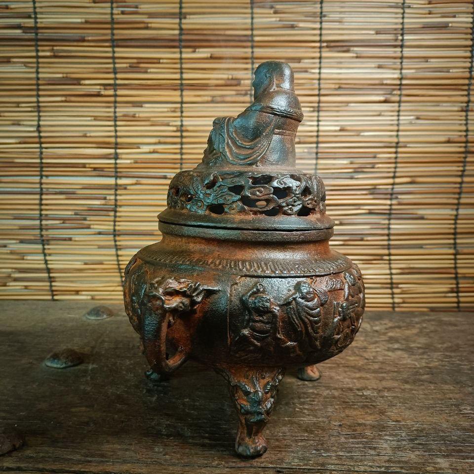 Vintage Chinese Iron Carving Eighteen Arhats Incense Burner For Sale 1