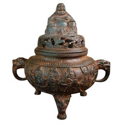 Vintage Chinese Iron Carving Eighteen Arhats Incense Burner