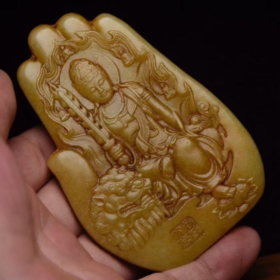 Vintage Chinese Jade Carving Guan Yin Buddha Holding by Buddha Hand Pendent For Sale 3