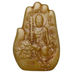 Vintage Chinese Jade Carving Guan Yin Buddha Holding by Buddha Hand Pendent